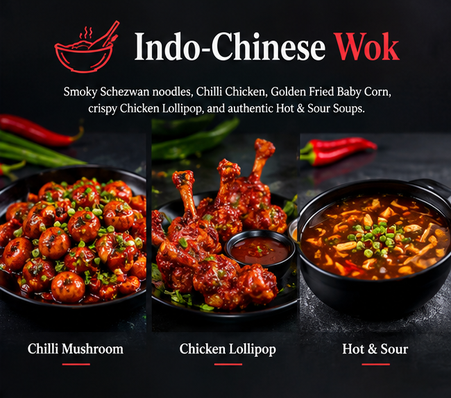 Indo-Chinese Wok - Chilli Mushroom, Chicken Lollipop, Hot & Sour